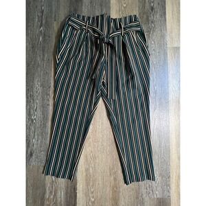 Body By Us Trousers Women 2X Green Striped Paperbag Waist Tie Tapered Pants